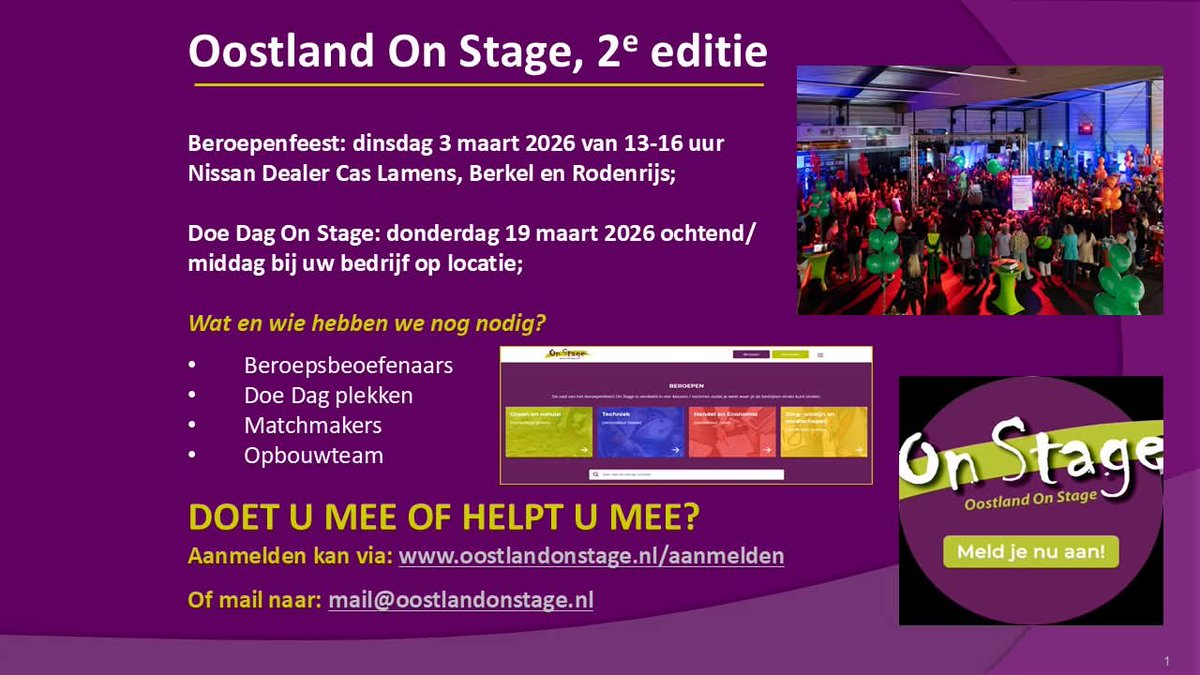Wat en wie hebben we nog nodig voor de 2e editie van Oostland On Stage op dinsdag 3 maart 2026?

➡️ Beroepsbeoefenaars;
➡️ Matchmakers;
➡️ Voldoende Doe Dag plekken in de ochtend/middag op donderdag 19 
 maart 2026 (ca. 600 leerlingen moeten 2 'matches' maken!)
➡️ Opbouwteam;