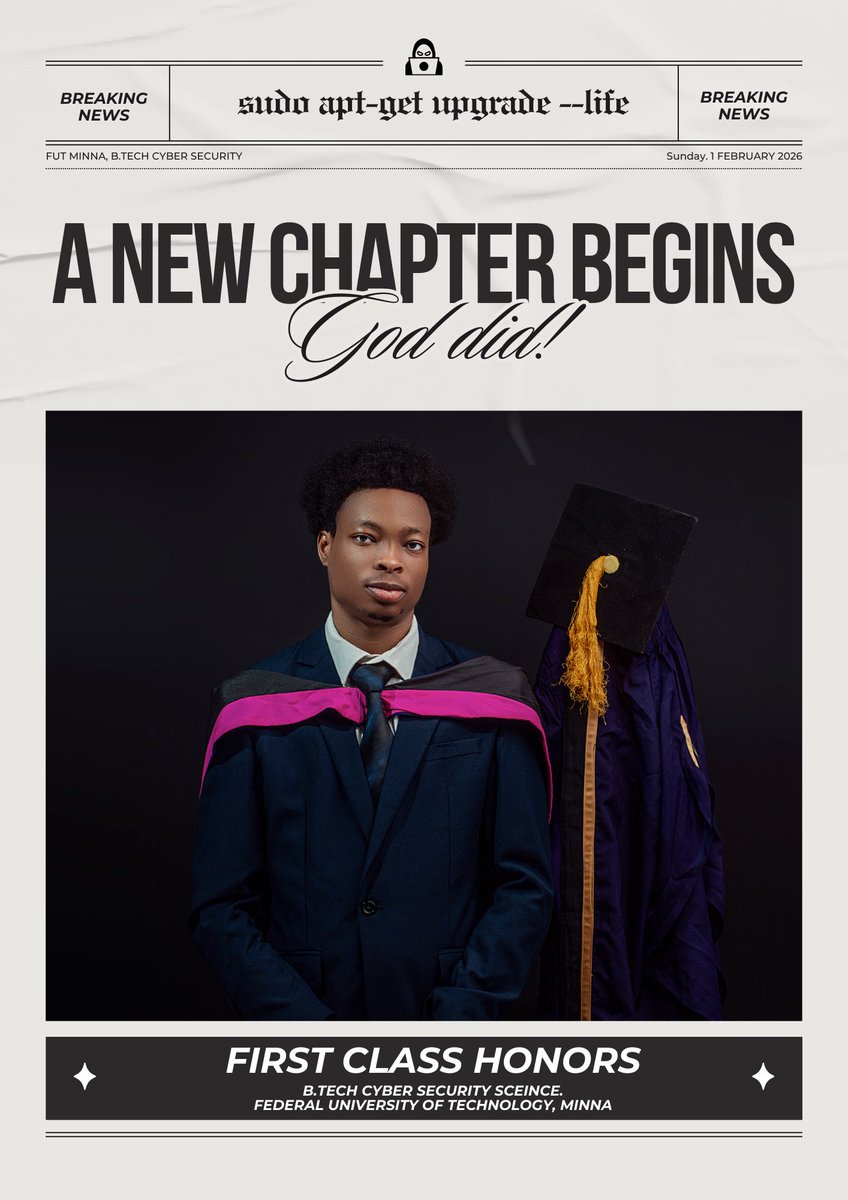 JaparmySholly's tweet photo. God did!!!
https://t.co/2IMkcb5Sun CyberSecurity
First Class Honours (4.59/5.00 CGPA)
Federal University of Technology, Minna

Read my story 😌👇 https://t.co/pmj5nPDJne