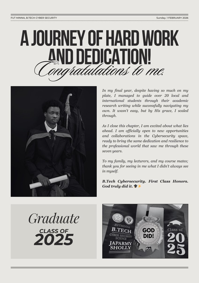 JaparmySholly's tweet photo. God did!!!
https://t.co/2IMkcb5Sun CyberSecurity
First Class Honours (4.59/5.00 CGPA)
Federal University of Technology, Minna

Read my story 😌👇 https://t.co/pmj5nPDJne