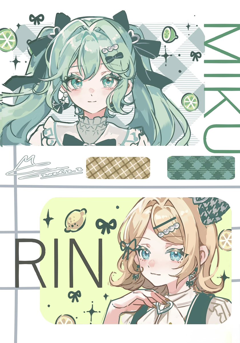 🍋 柠檬和青柠 🍋‍🟩
找手感中，画画久违的平涂
量产系女子Miku x Rin
#初音ミク
