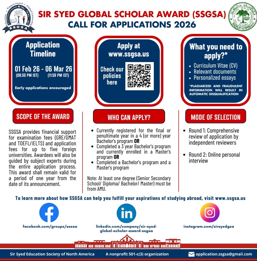 SirSyedGSA's tweet photo. We are pleased to announce that the application portal for SSGSA 2026 is now open. Plz check your eligibility, prepare all the documents &amp; submit your applications on time.
Link to the application portal: https://t.co/6WoPzDMRjd
PS: There would be no extension on deadlines. https://t.co/OIClZ71Mij