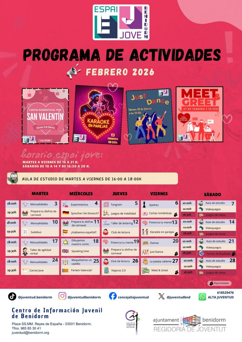 [CAS] 🎉 ¡Nuevo programa de actividades en el Espai Jove de Benidorm! 🎉
Febrero viene cargado de planes, creatividad y buen rollo 💥

🕒 Horario:
📅 Martes a viernes: 16:00 a 21:00 h
📅 Sábados: 10:00 a 14:00 h y 16:30 a 20:00 h

🎭 Este mes…