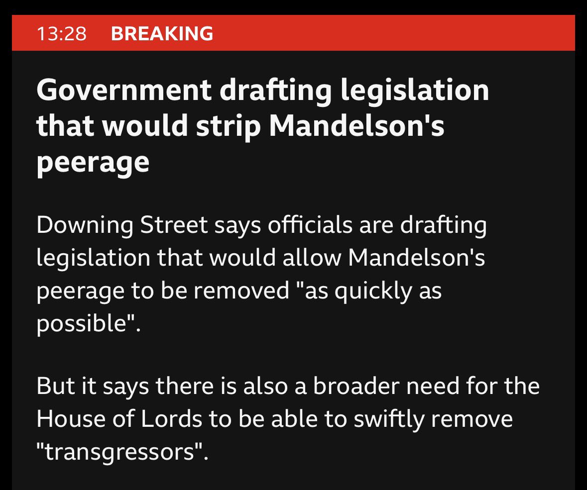 davidjbird8000's tweet photo. @Scott_Wortley I guess is that what they really want to do (the complex bits that would meet resistance in the Lords) is in the second paragraph of the BBC’s report; whereas the simple version is to address Mandelson only. https://t.co/wPrI8SZ7ev