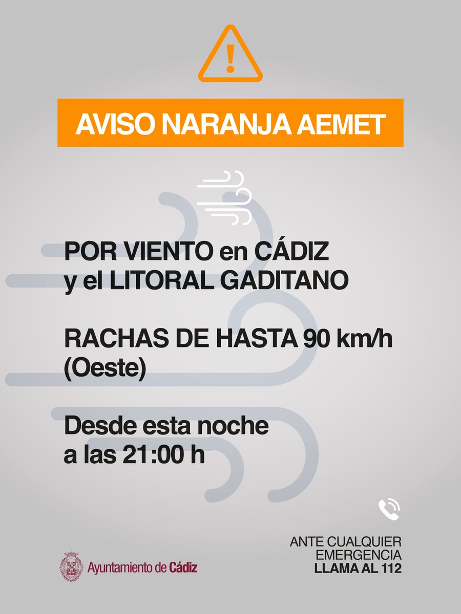 Cadiz_es's tweet photo. 🚨 Cádiz activa el PLAN DE EMERGENCIA LOCAL FASE I ante las inclemencias meteorológicas previstas para las próximas horas.

‼️ Se recomienda MÁXIMA PRECAUCIÓN.

🟠 Aviso naranja según la AEMET a partir de las 21 horas de esta noche.

🔐 Por prevención y seguridad se cierran:

✅ Parques públicos de la ciudad a las 18 horas de este martes.

✅ Instalaciones deportivas al aire libre a las 21 horas y las cubiertas a partir de mañana miércoles.

✅ Espacios culturales: Entrecatedrales, Castillo Santa Catalina, Castillo San Sebastián, Torreón de las Puertas de Tierra y paseo superior, Museo del Títere, Museo Litográfico, Yacimiento Gadir y Casa del Carnaval a partir de mañana miércoles.

✅ El centro Fermín Salvochea permanecerá abierto las 24 horas para atender a las personas sin hogar.

✅ La Junta de Andalucía suspende las clases presenciales en los centros educativos durante este miércoles.

RECOMENDACIONES POR VIENTO Y LLUVIAS

▶️ Sigue toda la información en el canal de emergencia 112 Andalucía https://t.co/6MRZRoKb1C y en el Canal de Emergencias Cádiz https://t.co/Xi3LND3Zh3

▶️ Asegura los elementos de tu vivienda como toldos, antenas, persianas, puertas y ventanas.

▶️ Retira objetos con riesgo de caída de terrazas y ventanas.

▶️ Mantente alejado de zonas arboladas y no transites bajo andamios o edificios en obras.

▶️ Evita desplazamientos innecesarios y, si tienes que conducir, reduce la velocidad y sujeta bien el volante.

▶️ Ante cualquier emergencia, llama al 112.

#112 #cádiz