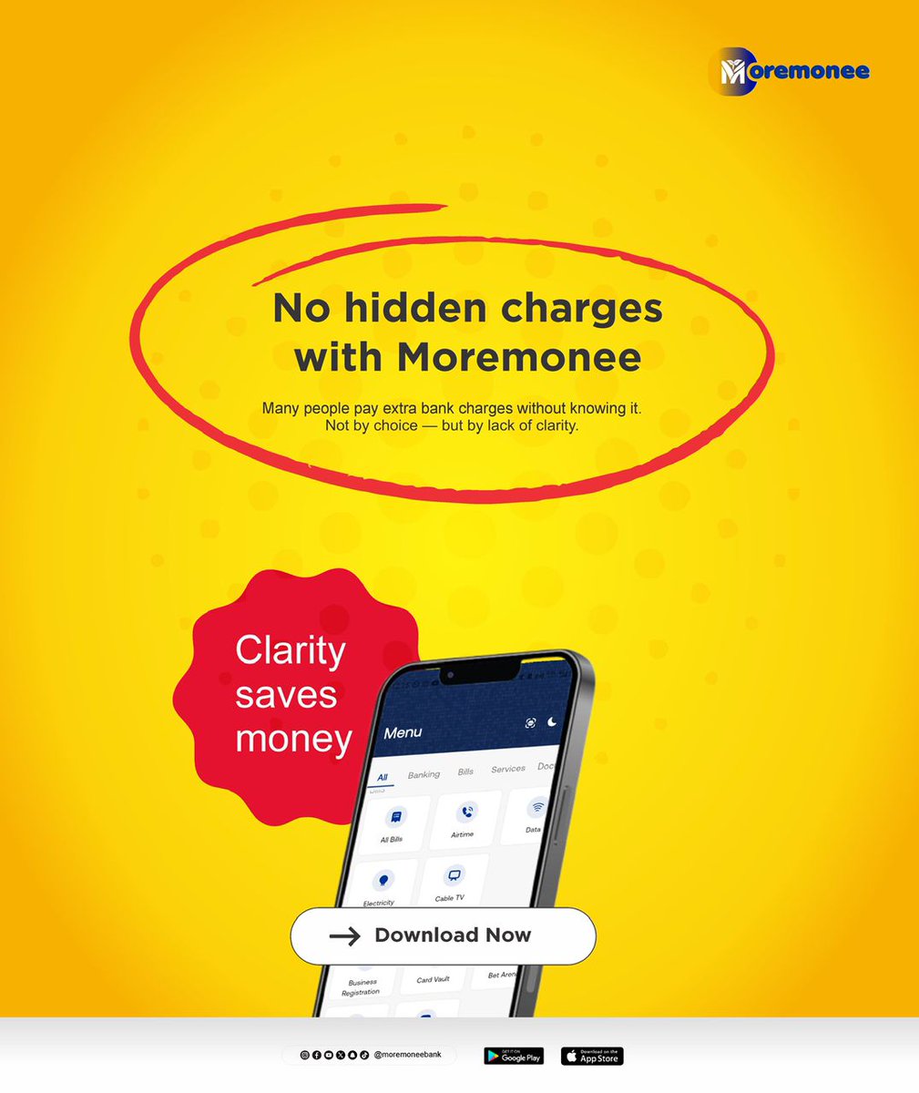 MoremoneeBank's tweet image. Many people pay extra bank charges without knowing it - not by choice, but due to a lack of clarity!

With Moremonee, you can transfer to all Nigerian banks for FREE. No hidden charges. 

Download Moremonee and sign up now: moremonee.short.gy/moremonee

#Moremonee #GenZBank #SignUp