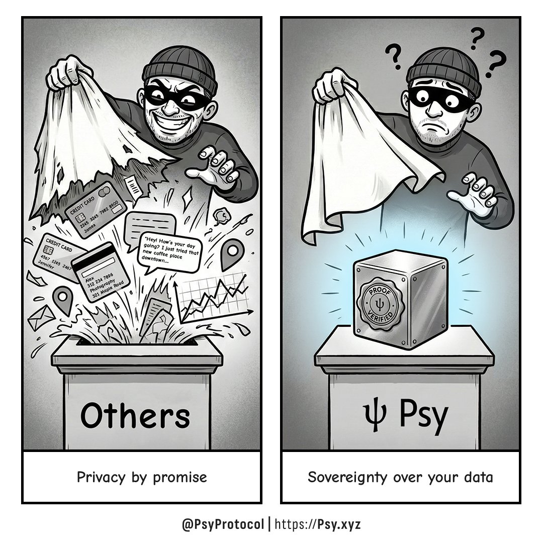 Optional privacy means default surveillance.

Others say: “Trust us, we won’t look.”
That’s not privacy. That’s a promise.

Psy flips the model.
Execution stays private. Correctness is proven publicly.

No mempools to spy on.
No histories to scrape.
No behavior graphs to sell.