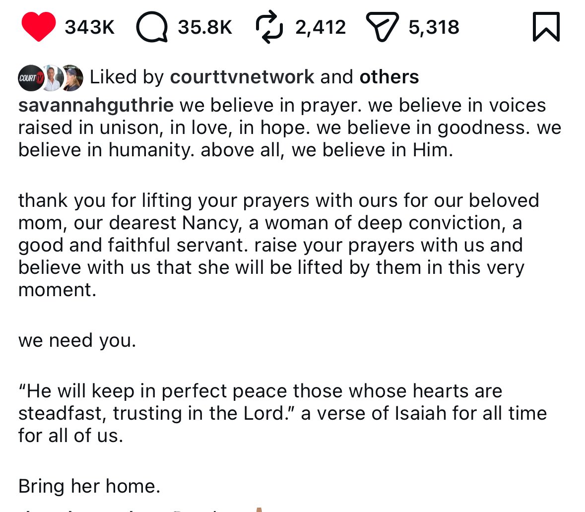 imadriienne's tweet photo. #NancyGuthrie #SavannahGuthrie

🚨 #BREAKING 

 Savannah Guthrie has posted a prayer request via her instagram. 

For those who believe in the power of prayer, please pray.

Savannah’s mother Nancy is still missing - it’s going on 48 hours, & she is without medication she needs to take daily! It’s been confirmed she has been abducted from her home. 

Praying for her safe return🙏🏼 

👇🏼👇🏼👇🏼