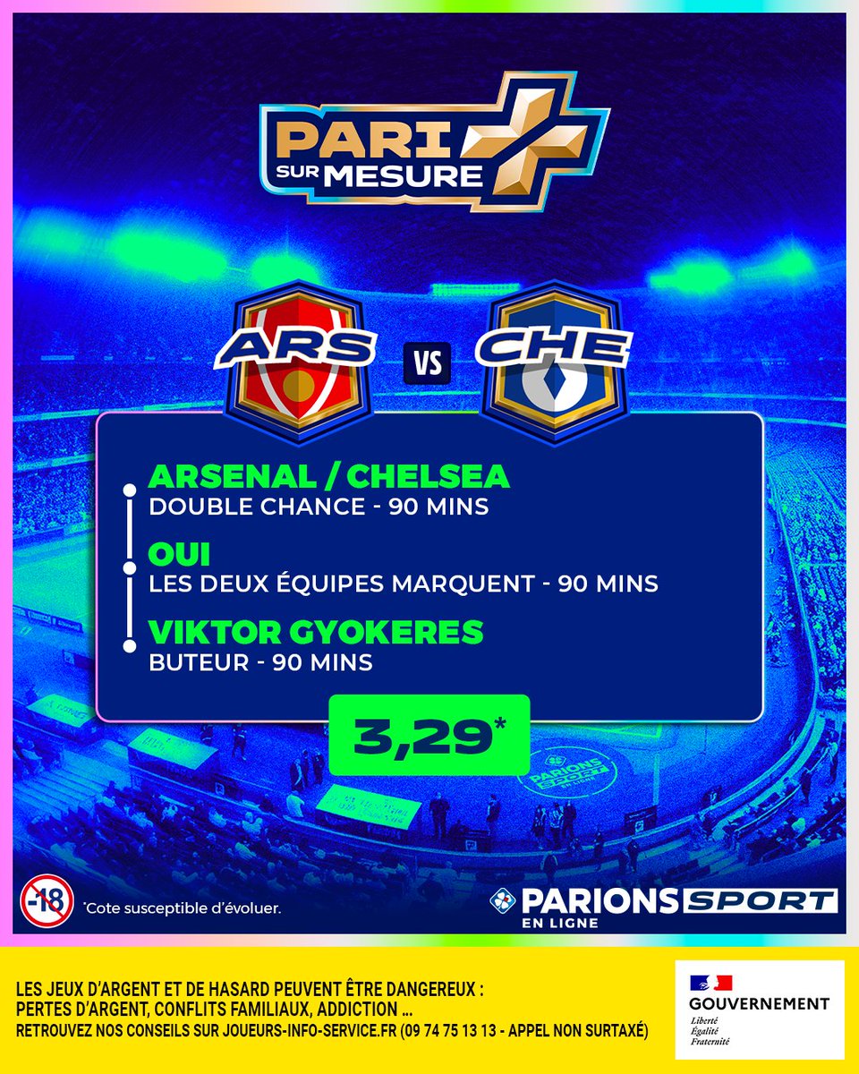 🔥 Notre #PariSurMesure pour le choc Arsenal-Chelsea !

🤔 Ça fait 3/3 ? 👉 5x20€ de freebet

Pour participer :
🤝 RT + Follow

📆 TAS le 04/02
📃 Règlement : bit.ly/40pQpqn