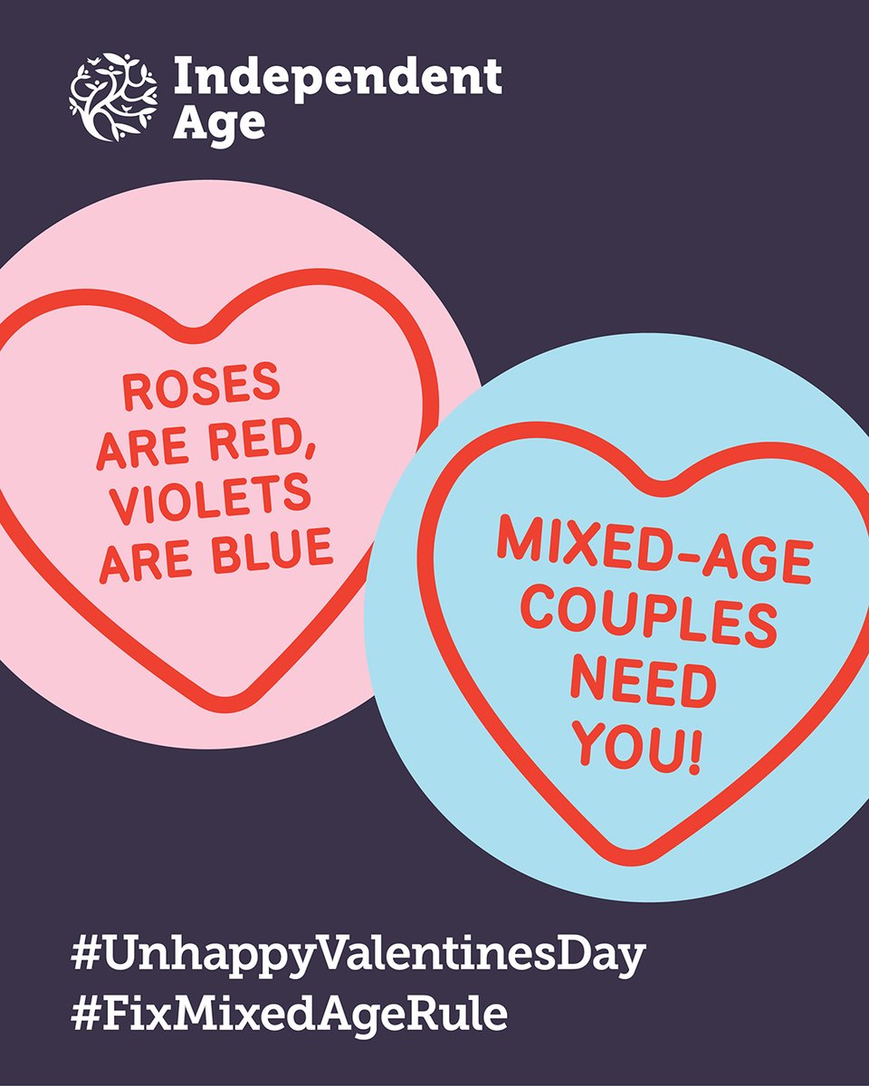 IndependentAge's tweet photo. Since 2019, older people have been locked out of pension-age entitlements because their partner is younger.

Join us next week to call for an end to the unfair mixed-age couples rule.

Love shouldn't come at a cost 💔https://t.co/OmMwIGJMCY
#UnhappyValentinesDay #FixMixedAgeRule https://t.co/dxDd4reoUA
