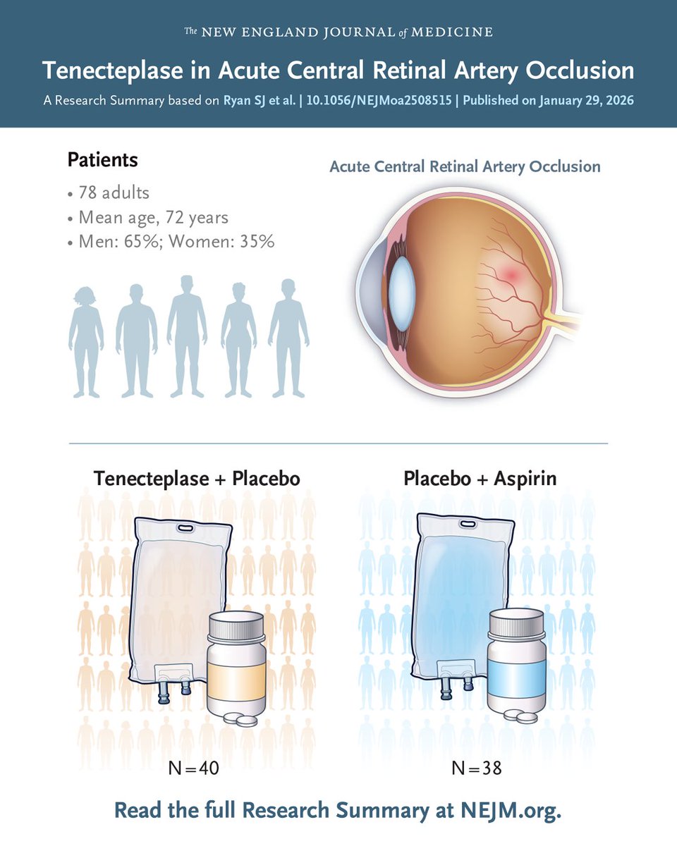 In acute central retinal artery occlusion treated within 4.5 hours after onset, intravenous tenecteplase did not result in greater recovery of vision at 30 days than aspirin and was associated with serious safety concerns. Full phase 3 TenCRAOS trial results and Research Summary: