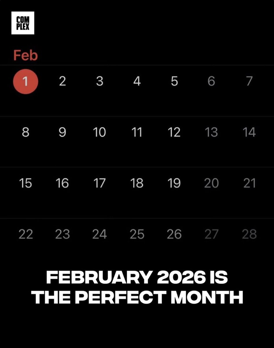 February 2026 is being dubbed the "Perfect Month" because there are four exact weeks that start on a Sunday and end on a Saturday, fitting perfectly into four complete rows on a standard calendar.

February 2026.
28 days.
4 exact weeks.

This is what peace looks like to my OCD.