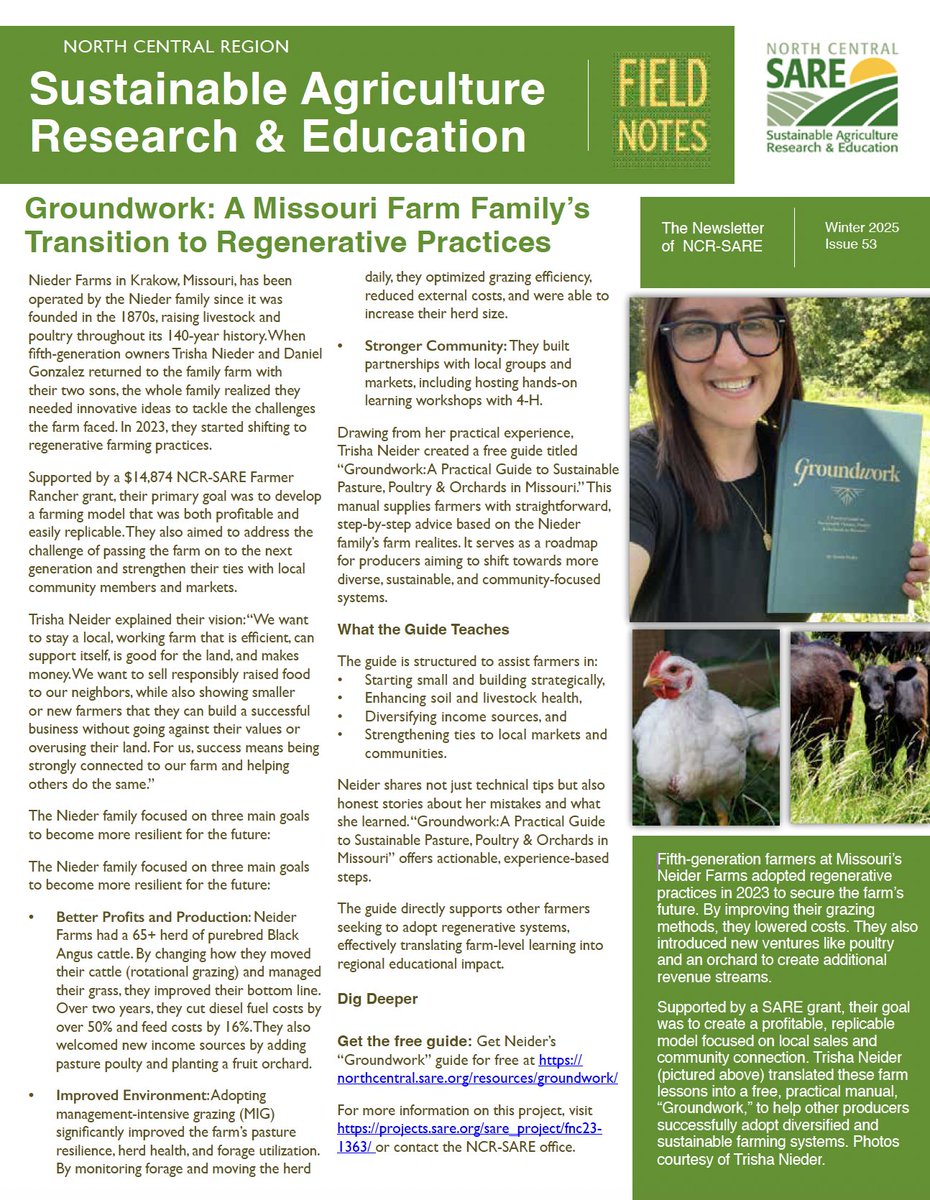 ncrsare's tweet photo. Fresh in Field Notes: 
🐮 A MO family's regenerative journey 
🌾 KS cover crops vs. resistant weeds 
🥦 Tarping for veggie success 
📖 New organic soil guide 
🤝 Meet our new Director &amp; learn about grant reviews!
https://t.co/o9DJM6DSLx https://t.co/nneGTTHkoB