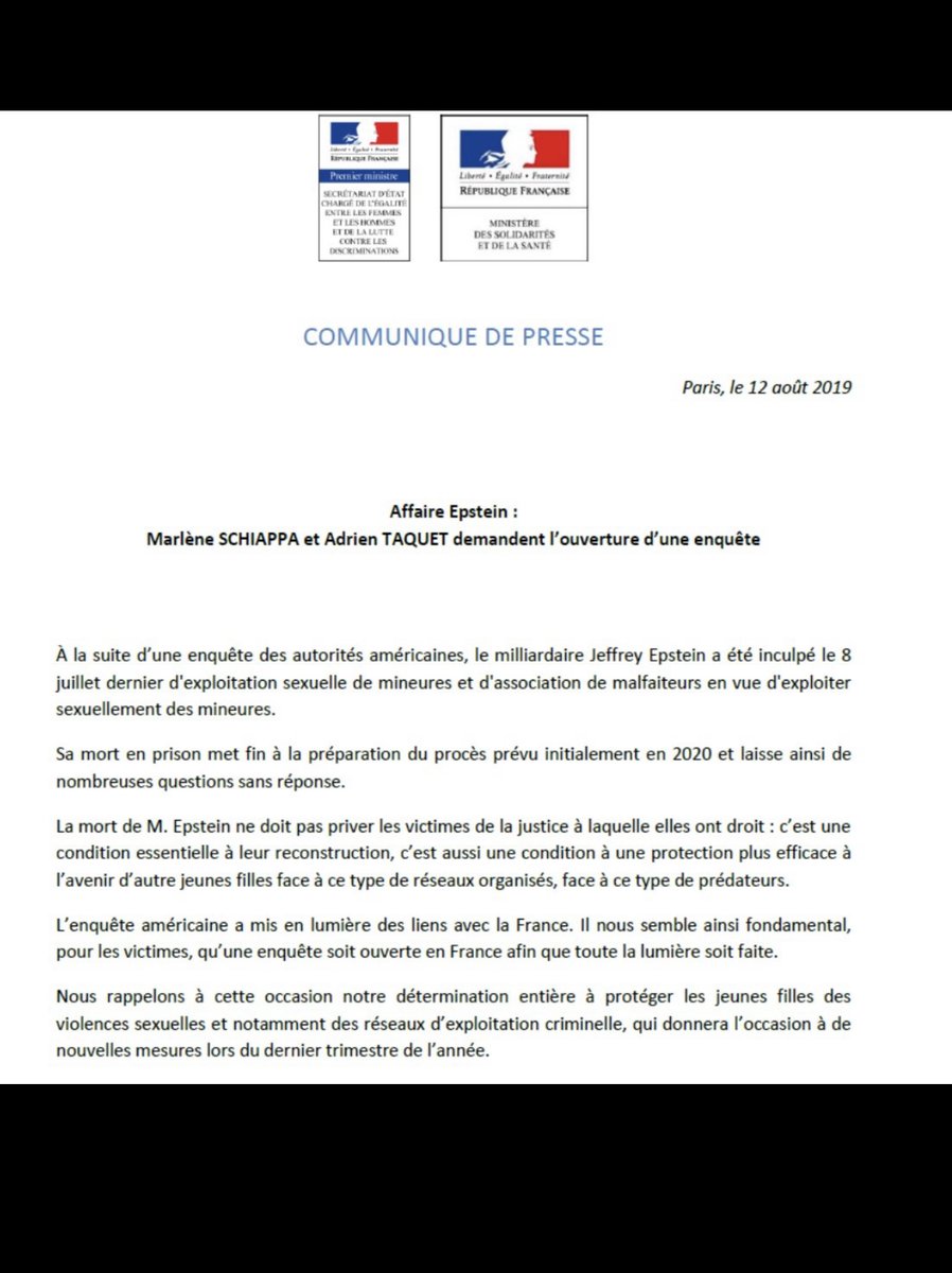 MarleneSchiappa's tweet photo. Cela fait des années que nous demandons que toute la lumière soit faite sur l’affaire Epstein. Il y a près de 7 ans déjà nous demandions l’ouverture d’une enquête en France pour identifier des victimes éventuelles avec @AdrienTaquet et demandions que la justice s’en saisisse ! https://t.co/y0TlW3FQCB