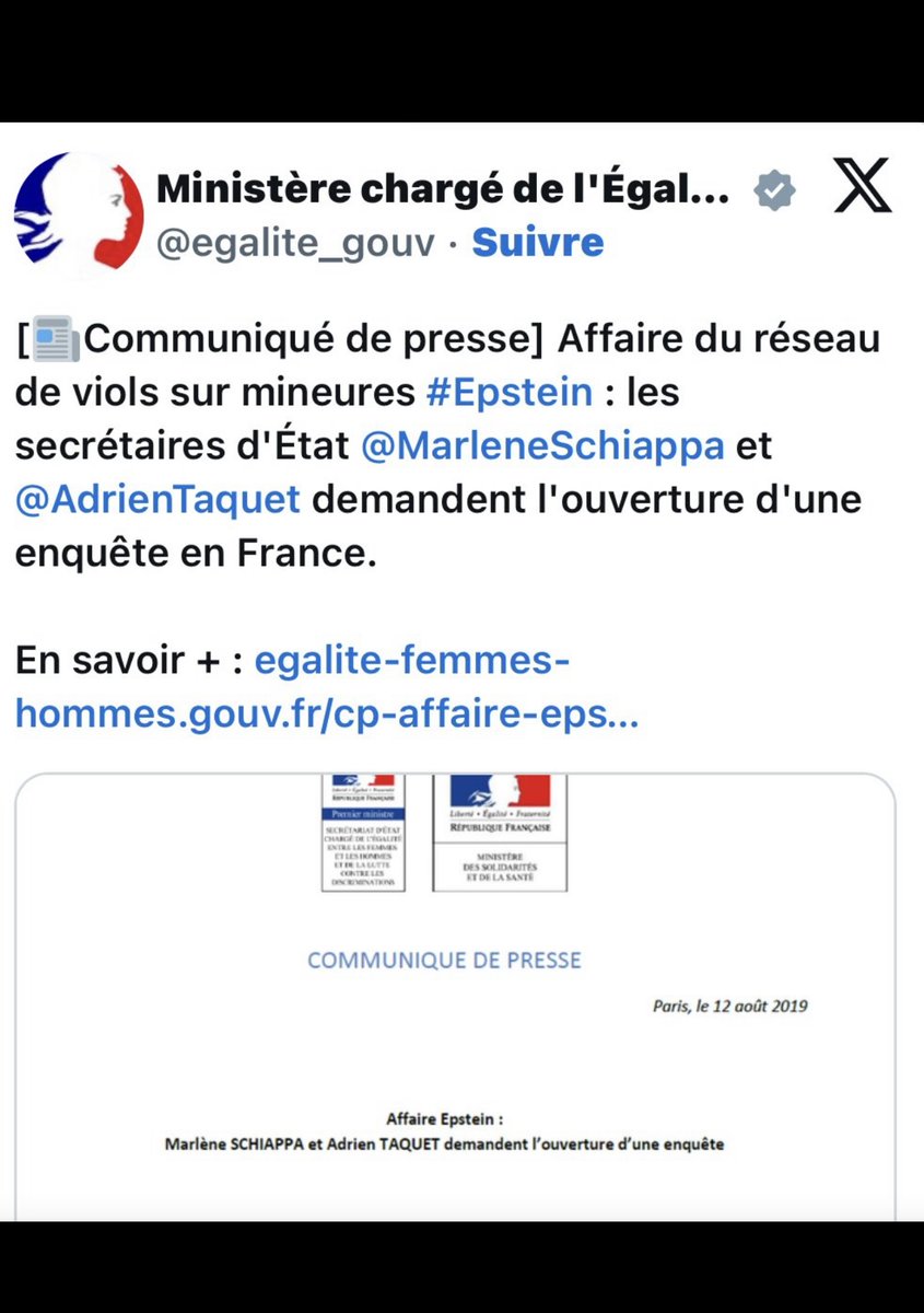 MarleneSchiappa's tweet photo. Cela fait des années que nous demandons que toute la lumière soit faite sur l’affaire Epstein. Il y a près de 7 ans déjà nous demandions l’ouverture d’une enquête en France pour identifier des victimes éventuelles avec @AdrienTaquet et demandions que la justice s’en saisisse ! https://t.co/y0TlW3FQCB