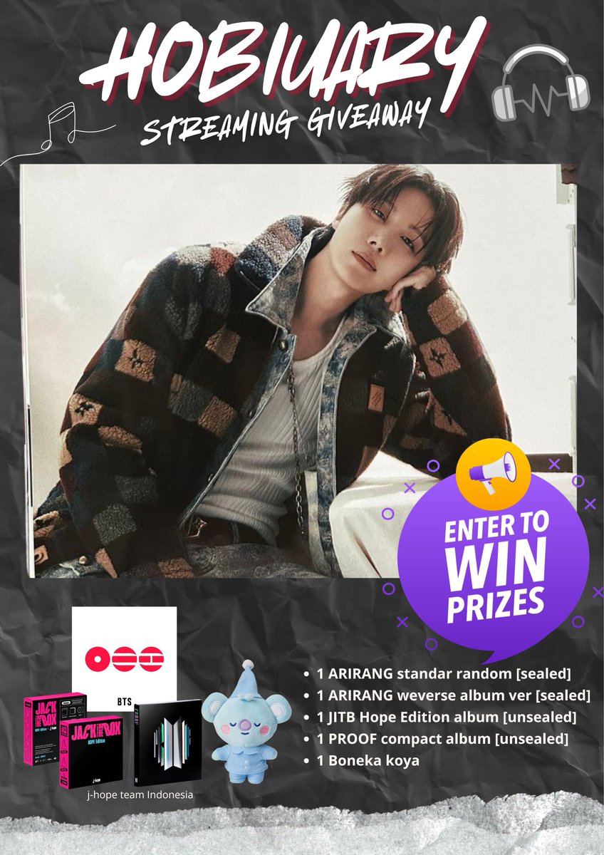 jhopeteamina's tweet photo. ✨𝗛𝗢𝗕𝗜𝗨𝗔𝗥𝗬 𝗦𝗧𝗥𝗘𝗔𝗠𝗜𝗡𝗚 𝗚𝗜𝗩𝗘𝗔𝗪𝗔𝗬✨

🏆 5 Winners 
🌏 Indonesian only 
📅 Periode 04 feb - 28 feb 2026

👇🏻 Silahkan cek poster untuk lebih detailnya

HOBIUARY IS HERE
HAPPY J-HOPE'S DAY 
#MonthOfHope #HOBIUARY2026 
#jhope #제이홉 https://t.co/IbSIs59NM0
