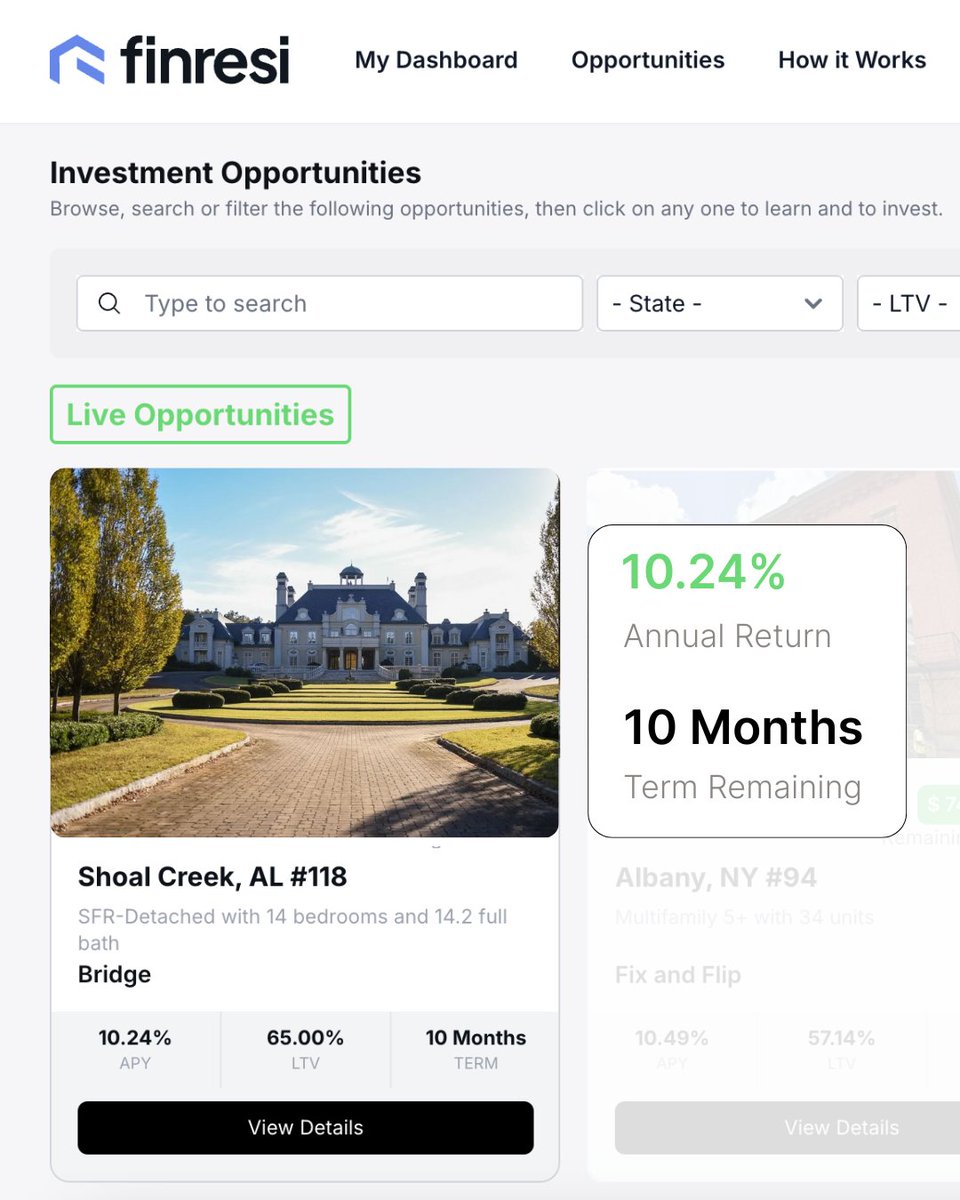 Finresi's tweet photo. 🔹An exclusive investment opportunity backed by trophy real estate. 

This Alabama loan delivers a 10.24% APY, 65% LTV, and a 10-month term.

View the investment's details at https://t.co/EodmIEILMS.

#PassiveIncome #RealEstateInvesting #Investment https://t.co/xLAmVzPSKo