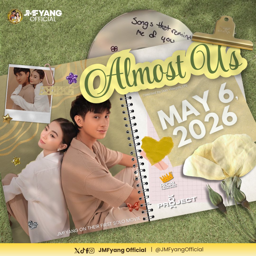 JMFyangOfficial's tweet image. IT'S OFFICIAL! 💛

From IRL to ALMOST US, the journey finally has a name and our hearts are so full. JMFyang’s first solo movie is officially titled ‘Almost Us’ and it is hitting cinemas on May 6, 2026.

Co-produced by Regal Films and Project8Projects and brought to life under…