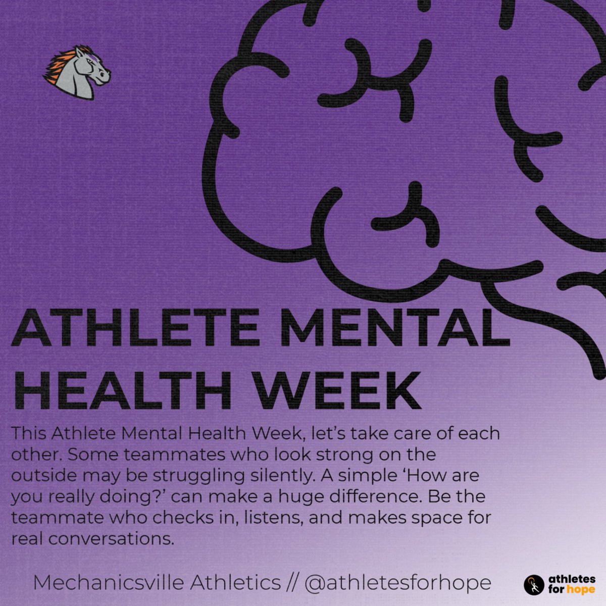 VilleAthletics's tweet photo. Strong minds. Strong teams. Mustang strong. 💚 #AthleteMentalHealthWeek #AMHW2026 @athletesforhope https://t.co/TI2siczd7X