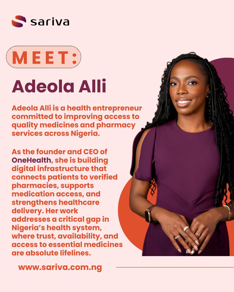 Sariva_Africa's tweet photo. ✨MEET: @Debaay, the founder of
@onehealthng
In a system where access is often a challenge, she is building an absolutely crucial lifeline, connecting Nigerians with verified pharmacies and reliable medication.
#MEETSeries #NigerianHealthcare #OneHealthNG #SarivaHealthcare https://t.co/vCamkg6T5H