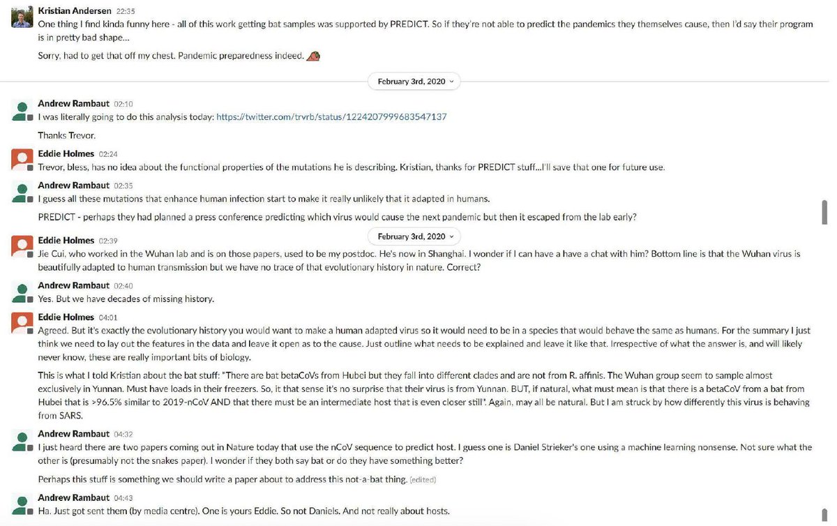 Ayjchan's tweet photo. 6 years ago, influential scientists conspired to suppress questions about a lab origin of Covid. 

Privately, they joked that virus hunters had caused a pandemic with a virus "beautifully adapted to human transmission."

This type of research remains untracked &amp; unregulated. https://t.co/MMxvOKtu8U
