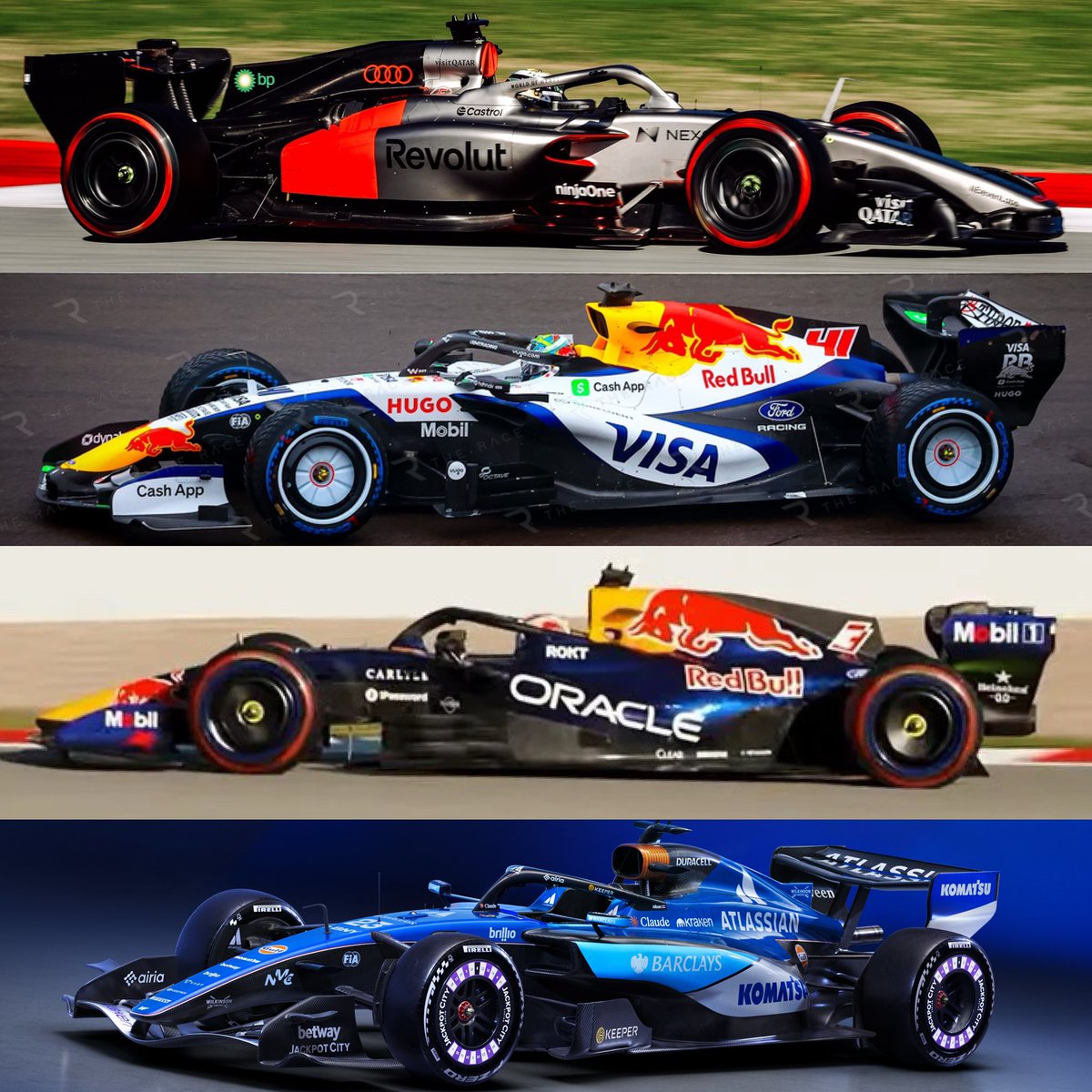 All the 8 liveries revealed so far …

• Mercedes
• Alpine
• Ferrari
• Haas
• Audi
• Racing Bulls
• Red Bull
• Williams 

What do we think?