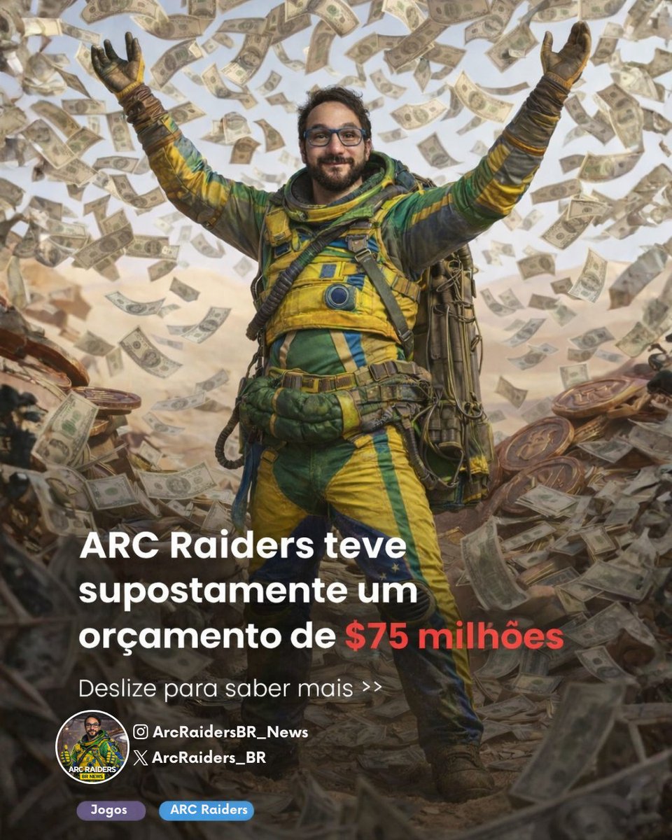 arcraiders_br's tweet photo. Com um orçamento de US$ 75 milhões e uma equipe de apenas 70 pessoas, ARC Raiders já faturou mais de US$ 500 milhões — e pode chegar perto de 1 bilhão. Um dos projetos mais eficientes e ambiciosos da nova geração de games. 💰🎮

#ARCRaiders #ArcRaidersBR https://t.co/Ku9vtpI8ef