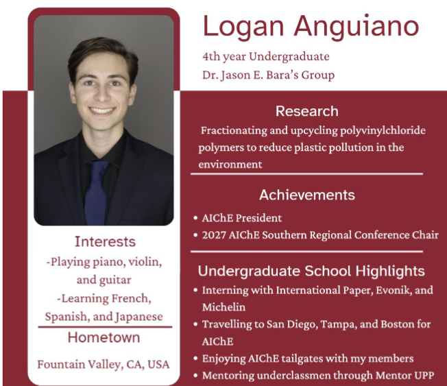 UAChBE's tweet photo. This week’s Undergraduate Student Highlight is on Logan Anguiano, a senior from Prof. Jason Bara’s lab! https://t.co/zy8qmAeVm3