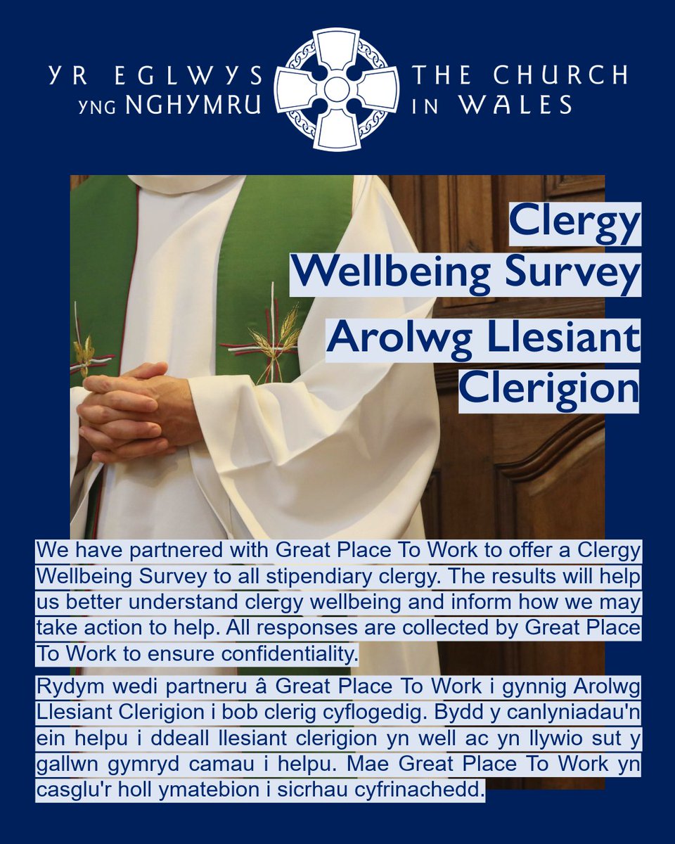 ChurchinWales's tweet photo. 🗓️ The Clergy Wellbeing Survey opens on 16th Feb. Mae'r Arolwg Llesiant Clerigwyr yn agor ar 16 Chwefror.
🔗 A link will be sent to your CinW email with a QR code. Bydd dolen yn cael ei anfon at eich e-bost CinW gyda chod QR.
https://t.co/omUiRoyWX8
#ChurchInWales https://t.co/EelzZYhqtL
