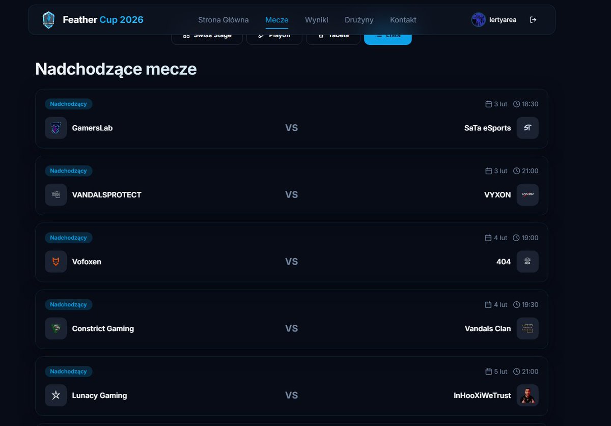 Nadchodzące mecze!

Na naszej stronie będziecie mogli na bieżąco śledzić wyniki wszystkich spotkań. Już dzisiaj startują pierwsze dwa mecze!

GamersLab vs <a href="/sataggs_/">SaTa GGs</a>  o 18:30 na kanale 
kick.com/that-noel
<a href="/Vandals__Clan/">Vandals Clan</a> PROTECT vs Vyxon o 21:00

Aby śledzić wszystkie mecze na