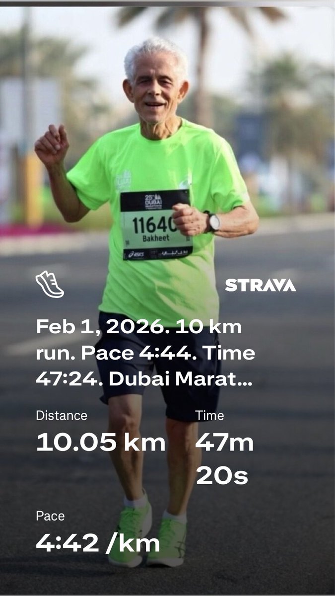 beshtawy's tweet photo. Feb 1, 2026. 10 km run. Pace 4:44. Time 47:24. Dubai Marathon, Dubai UAE 🇦🇪 #UAE #Dubai #running #Asics #Metaspeed_Tokyo_ray @googlephotos @yahoophotos #garminラン https://t.co/5O8cby7e68