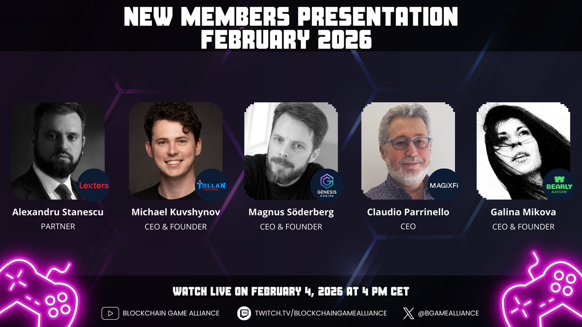 BGameAlliance's tweet photo. Join us on February 4 as we shine a spotlight on the newest members in the Blockchain Game Alliance community!

📅 February 4, 2026
🕓 4 PM CET

Meet the teams behind the latest additions and hear directly from their leaders as they introduce what they’re building.

Featuring:
Alexandru Stanescu - Partner, @lexters_
Michael Kuvshynov - CEO & Founder, @TollanUniverse
Magnus Söderberg - CEO & Founder, @TriolithG
Claudio Parrinello - CEO, @MagixFi
Galina Mikova - CEO & Founder, @Bearly_Awesome

Watch live on our official channels:
YouTube: https://t.co/b2hEUkENMb

See you there!
