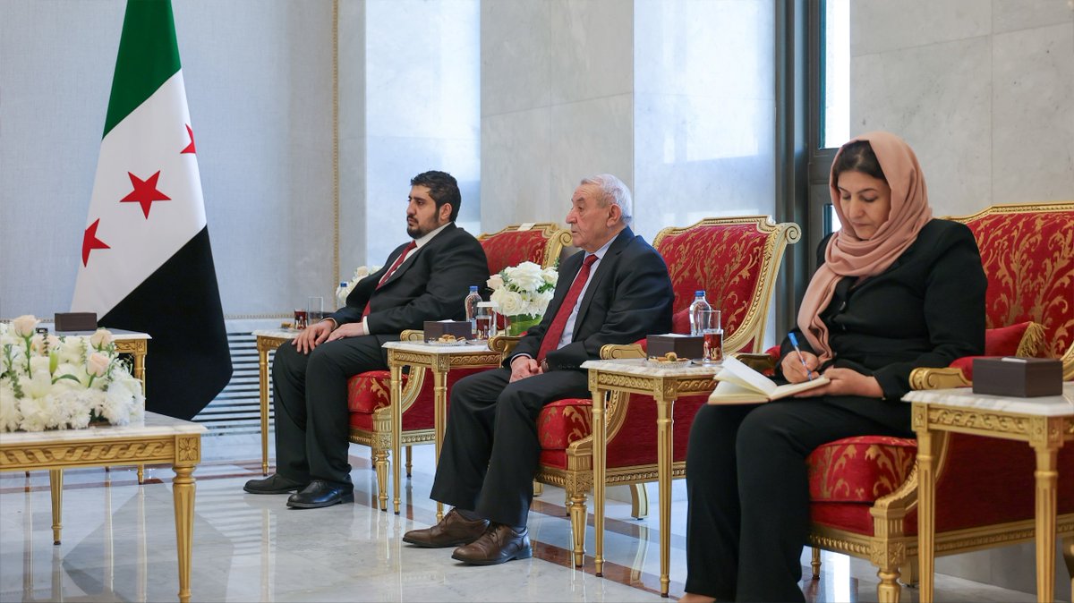 QUSAY_NOOR_'s tweet photo. President Ahmed al-Sharaa met today at the People’s Palace in Damascus with a delegation from the #Kurdish National Council, during which he affirmed the state’s commitment to guaranteeing the rights of Kurdish citizens within the framework of the constitution. 
For its part, the delegation welcomed Presidential Decree No. 13, considering it an important step toward strengthening rights and preserving cultural and social #identity.