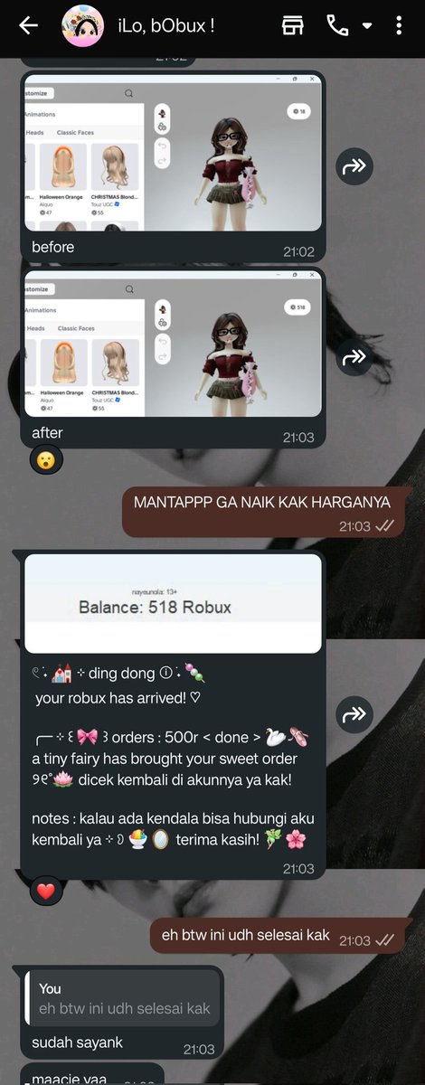 23O4O1's tweet photo. siapapun nyang mau jajan robux vilog tapi ga naikin harga marketplace pyiss langsung aja ke kak ilo @obsemsi, proses cepet, kak ilo nya jg asik bgt (gak ekspek) 😭😭 pyiis siapapun jajan robux disini ajah 🤪🫢🥹💕 #honestreview https://t.co/63CvzX3hoQ
