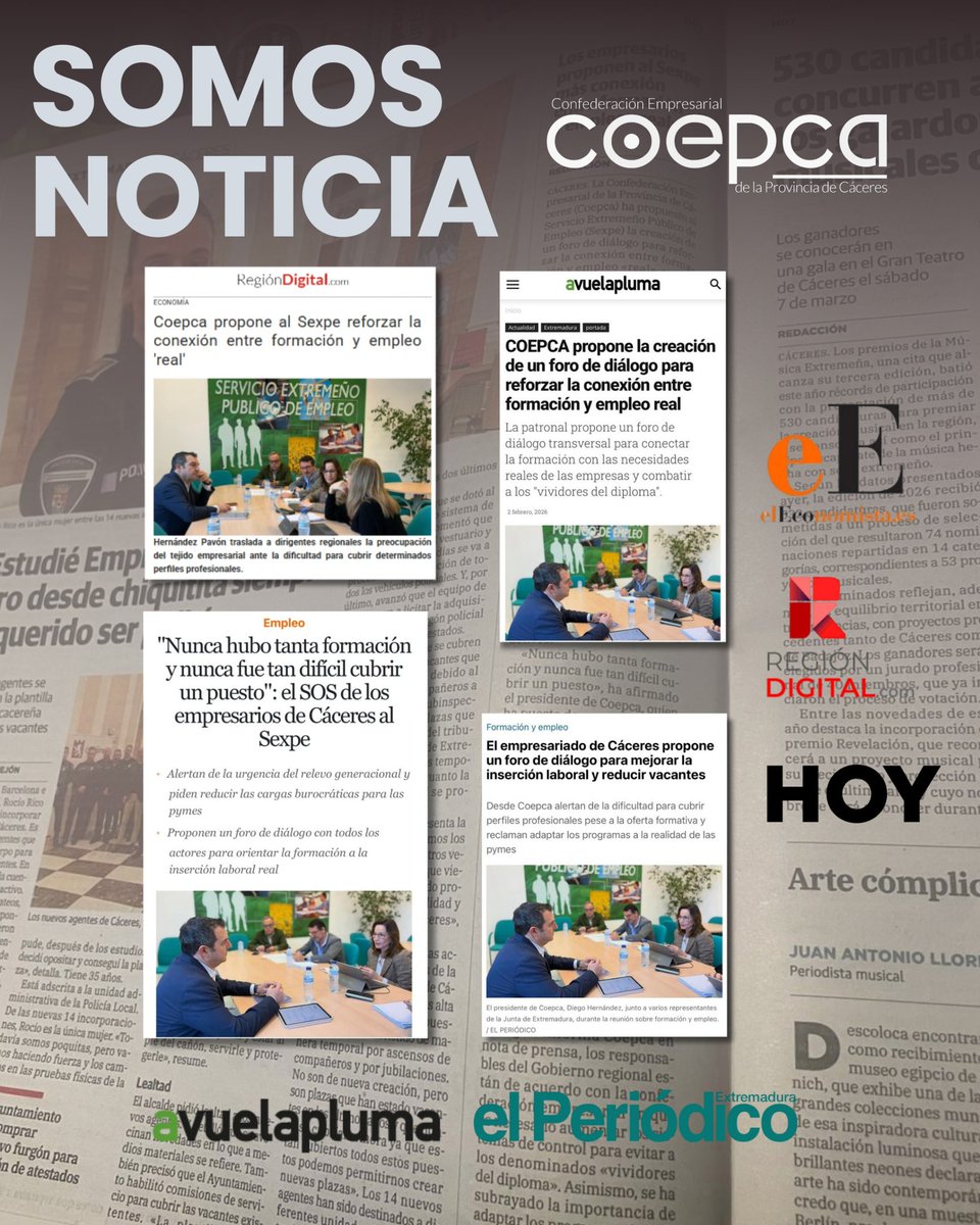 coepca's tweet photo. 🗞️ Somos noticia.

La reunión de COEPCA con el SEXPE ha tenido una amplia repercusión mediática.

Seguimos defendiendo la conexión entre formación y empleo real.

#COEPCA #Empleo #Formación #Empresas

@econoempleoEXT https://t.co/bZv1qyVatJ