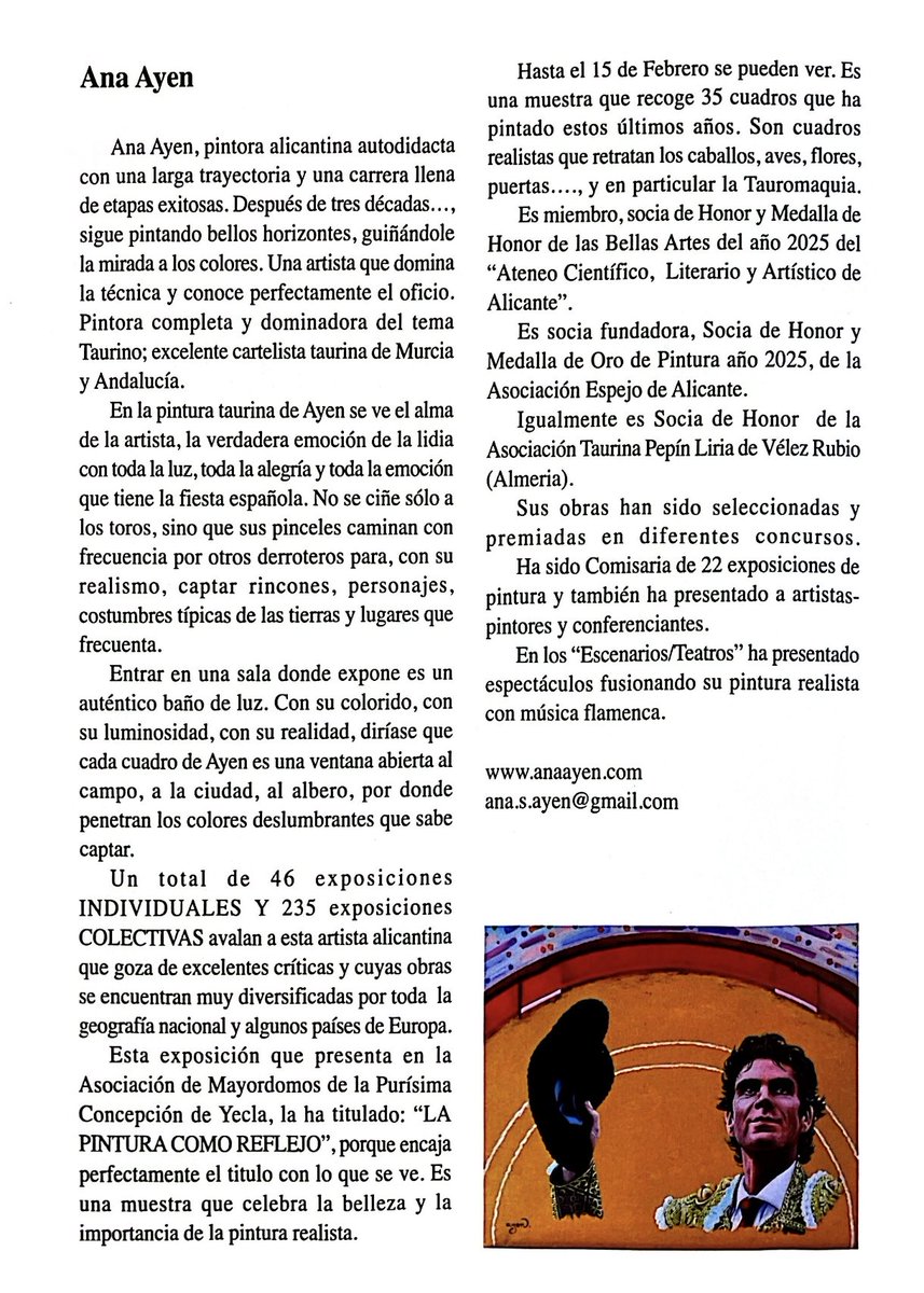 FiestasVirgen's tweet photo. XXXVIII SEMANA CULTURAL TAURINA. 

Del 6 al 15 de febrero de 2026, podrá ser visitada en la Sala de Exposiciones de la Sede de la Asociación de Mayordomos, en horario de lunes a sábado de 19:00 a 21:00 horas.

➡️ EXPOSICIÓN DE PINTURAS DE ANA AYEN. https://t.co/dgyEoEBal0