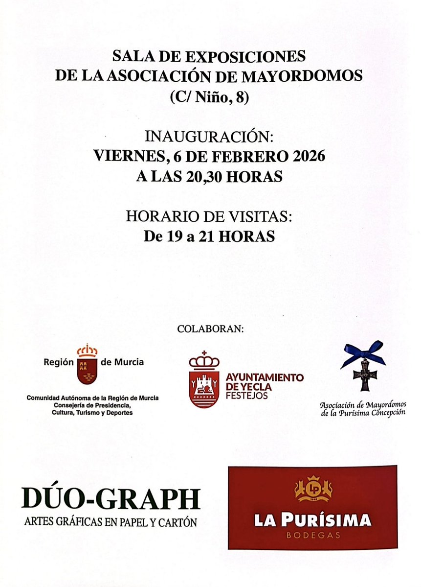 XXXVIII SEMANA CULTURAL TAURINA. 

Del 6 al 15 de febrero de 2026, podrá ser visitada en la Sala de Exposiciones de la Sede de la Asociación de Mayordomos, en horario de lunes a sábado de 19:00 a 21:00 horas.

➡️ EXPOSICIÓN DE PINTURAS DE ANA AYEN.