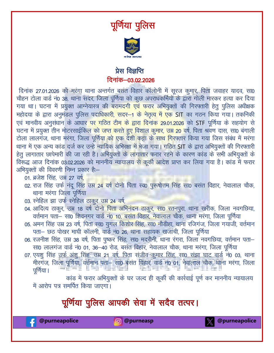 आज दिनांक 03.02.26 को सूरज कुमार हत्याकांड के सभी अभियुक्तों के विरुद्ध माननीय न्यायालय से कूर्की आदेश प्राप्त कर लिया गया है। <a href="/bihar_police/">Bihar Police</a> <a href="/BiharHomeDept/">Home Department, GoB</a> <a href="/Bihar_PER/">Prohibition, Excise & Registration Dept</a> <a href="/Dial_112_Bihar/">Dial 112</a> <a href="/IPRDBihar/">IPRD Bihar</a> <a href="/EOU_BIHAR/">Economic Offences Unit, Bihar</a> <a href="/dmpurnea/">जिला प्रशासन, पूर्णिया</a> #bihar #purnea