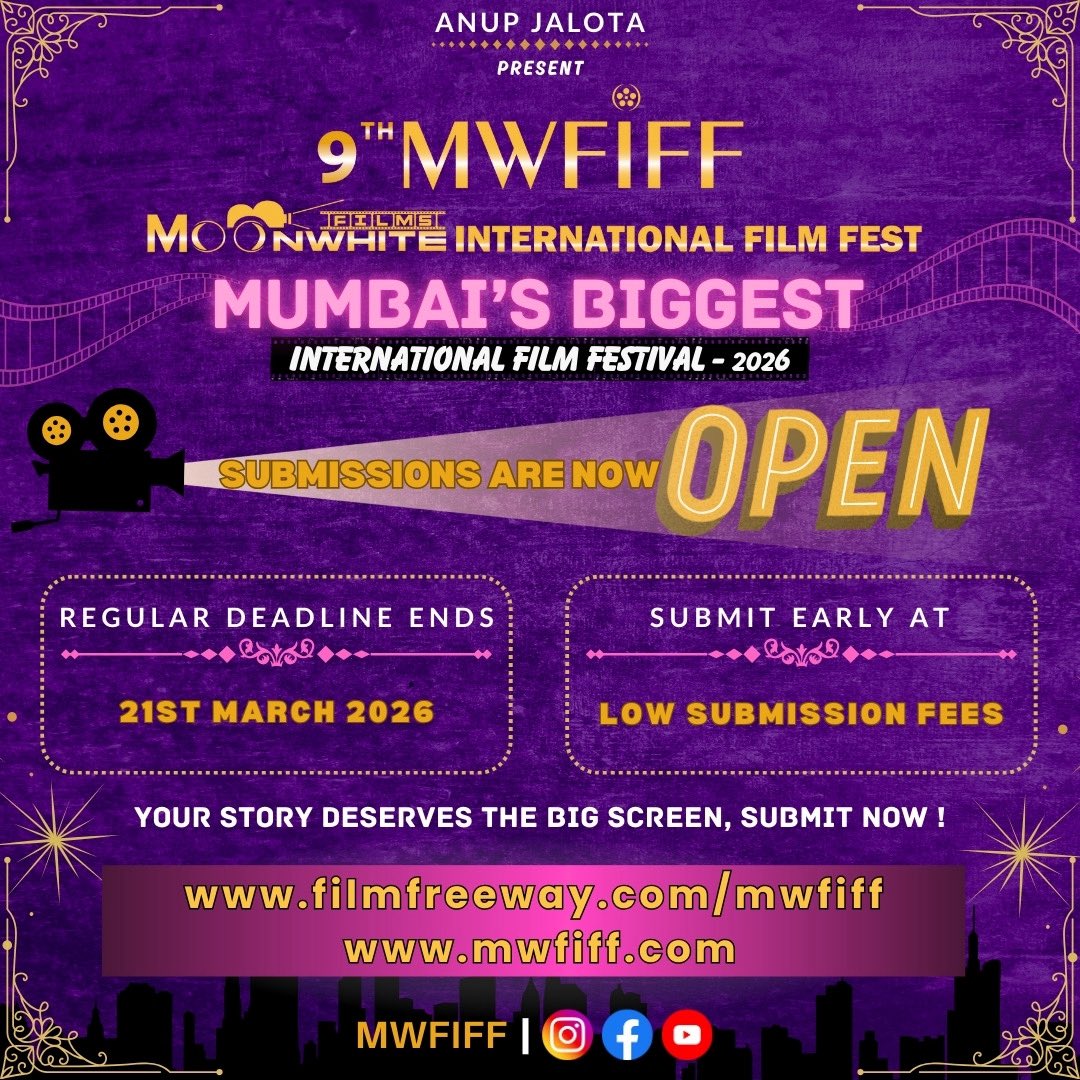 mwfiff's tweet photo. Lights on. Camera ready. The world is watching.

Submit your film to the 9th Moonwhite Films International Film Fest - MWFIFF 2026 and take your story global.

⏳ Regular Deadline Ends :- 21st March 2026

🌐 Submission Link - https://t.co/529O833h1c | https://t.co/DZllApwYhf | https://t.co/v8txvRDaRT