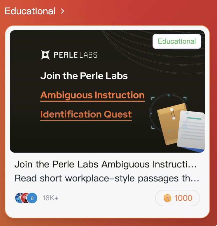 跟进一下 <a href="/PerleLabs/">Perle Labs</a> 
看了下积分榜应该不卷
app.perle.xyz/join/6LYlSC

晚上有时间继续手撸Perle
今天出了新的任务
继续交给AI去做，选出相应的句子
不过答案都是倒数第二句，可以试一下