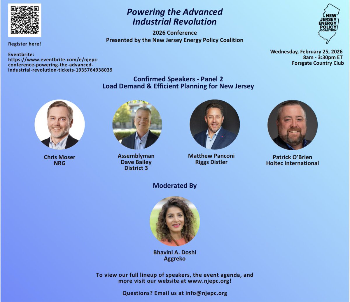 NJEPC Conference — Powering the Advanced Industrial Revolution
📅 Wednesday, February 25, 2026 ⏰ 8:00 AM – 3:30 PM EST 📍 Forsgate Country Club, Monroe Township, NJ

See our lineup for Panel 2 below!

👉 Learn more &amp; register: eventbrite.com/e/njepc-confer…