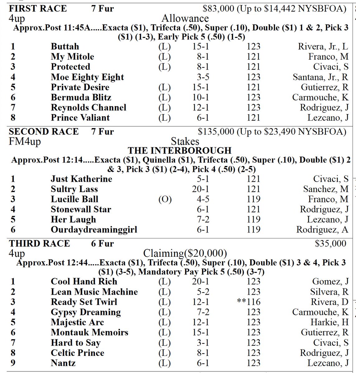 HorseToWatch's tweet photo. MLs for the entire Friday card at Aqueduct featuring 5 stakes including the Withers https://t.co/abIGSsVcc4