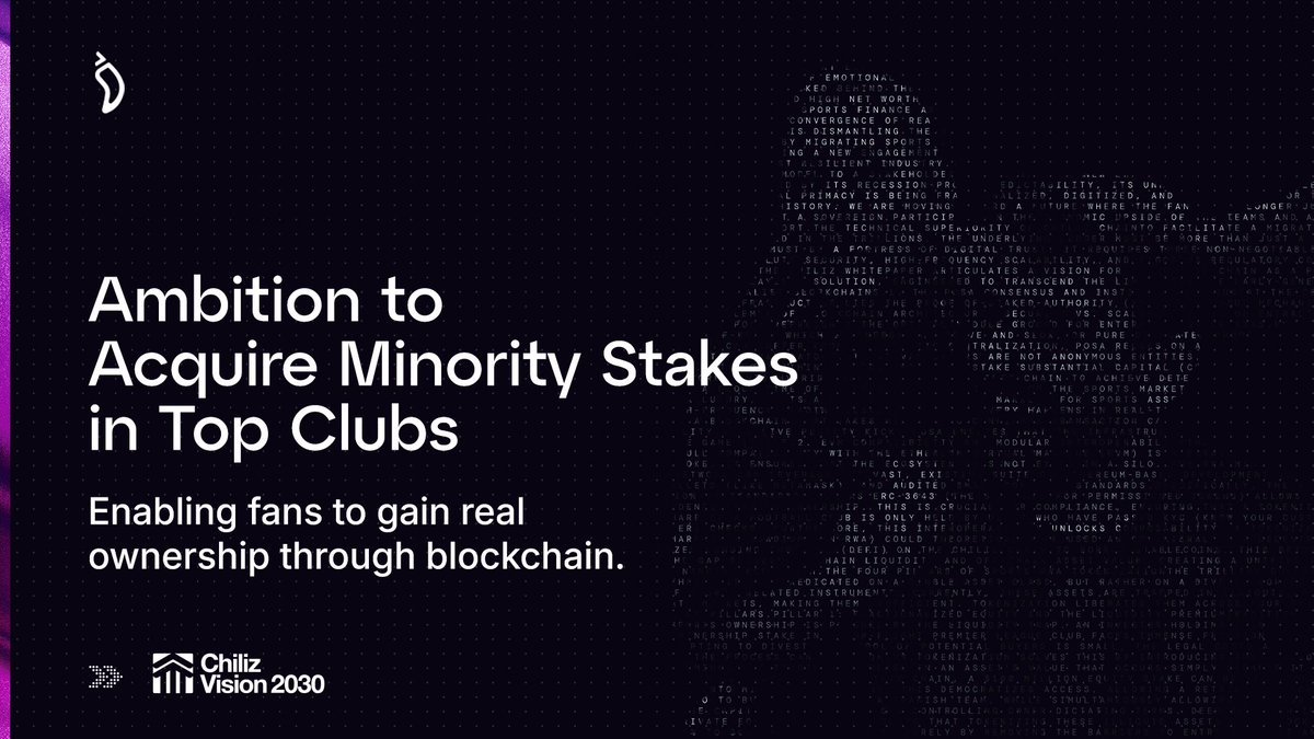 Chiliz's tweet photo. 𝐉𝐔𝐒𝐓 𝐈𝐍: Chiliz ambition is to acquire minority stakes in sports clubs, and giving fans access to real ownership through Fan Tokens. https://t.co/qwLoy7IJNn