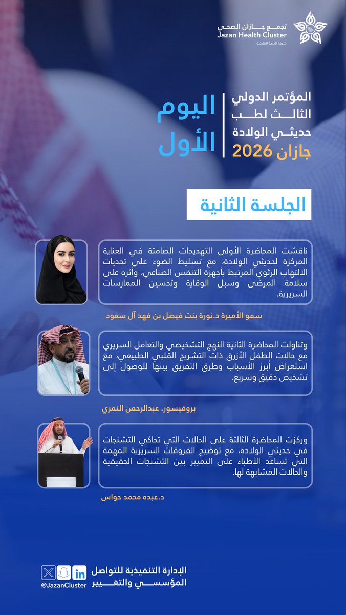 #مؤتمر_جازان_لحديثي_الولادة |

ناقشت الجلسة الثانية ضمن اليوم الأول من #المؤتمر_الدولي_الثالث_لطب_حديثي_الولادة بـ #جازان 2026 التحديات الصامتة في رعاية حديثي الولادة، وأساليب التشخيص الدقيق، والتمييز بين الحالات المتشابهة لتعزيز جودة الرعاية السريرية.