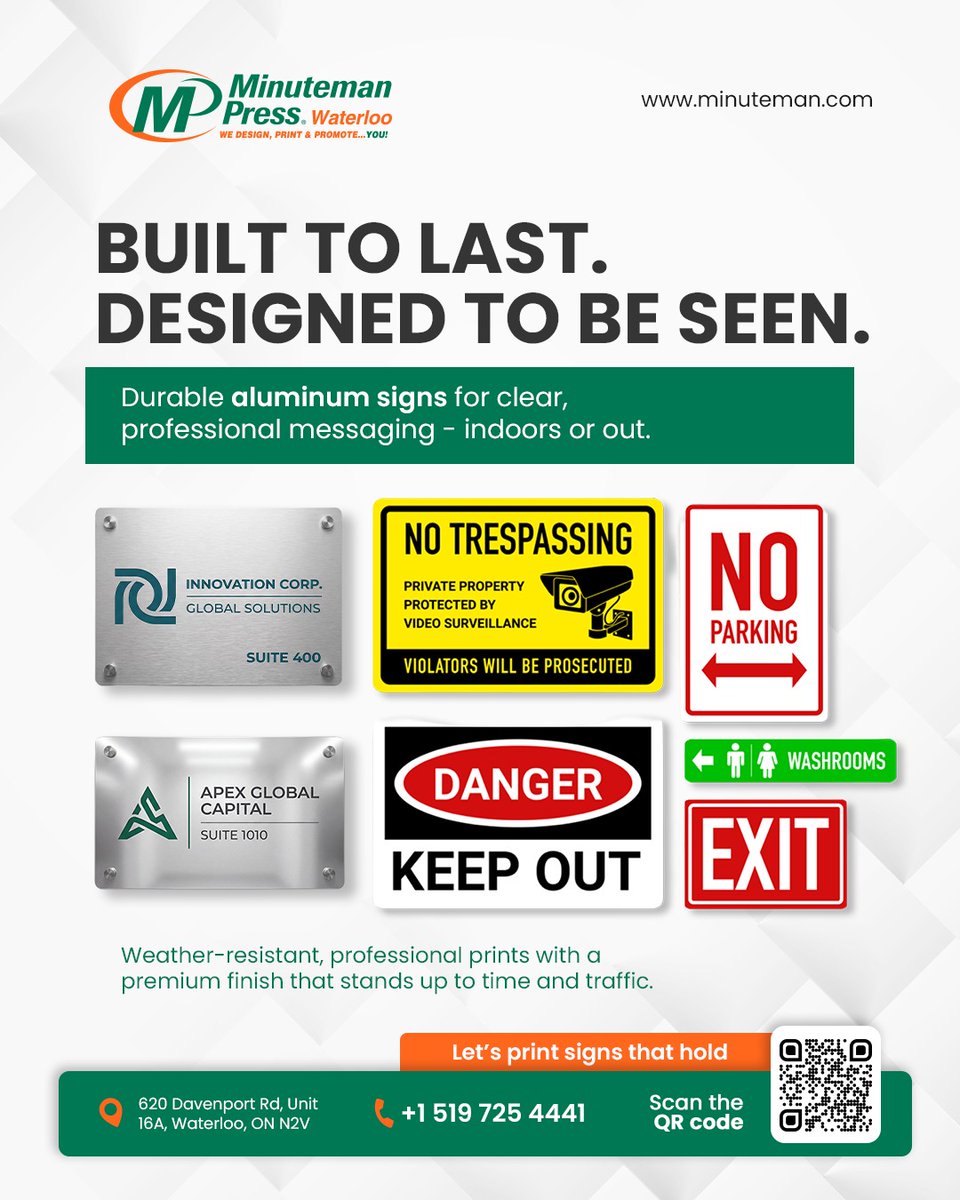 MMP_Waterloo's tweet image. Built for the weather. Made to be seen!
Clean, durable aluminum signs that keep your message sharp - indoors or out.

📍 Waterloo | 📞 519 725 4441

[ Aluminum Signs, Metal Signs, Minuteman Press ]

#CustomSigns #DurablePrint #BusinessSignage #PrintThatLasts