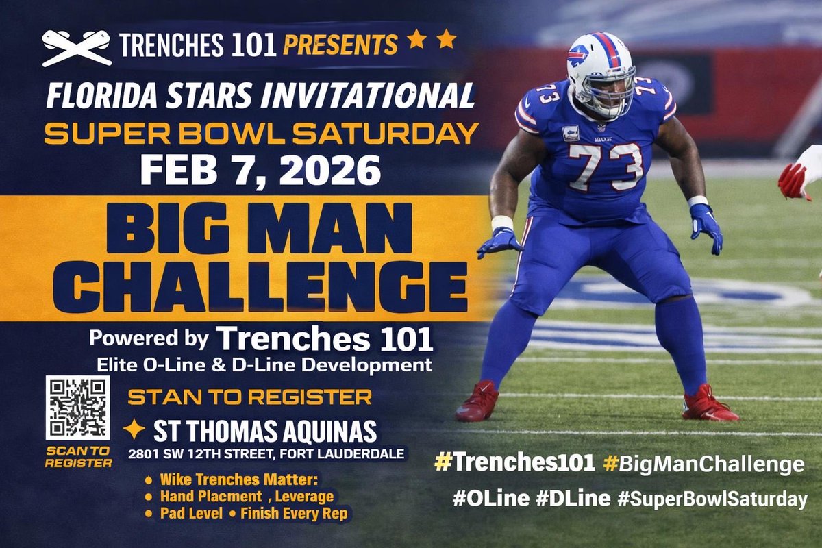 Trenches_101_X's tweet photo. BIG MANZ — THIS ONE IS FOR YOU 🧱💥

Super Bowl Saturday just got HEAVY.

5-on-5 O-Line vs D-Line competition.
Elite reps. Elite coaching. Elite

📍 St. Thomas Aquinas HS — Fort Lauderdale
📆 Feb 7, 2026
📲 Scan the QR to register
#highschoolfootball https://t.co/4f0Fg8TIoQ