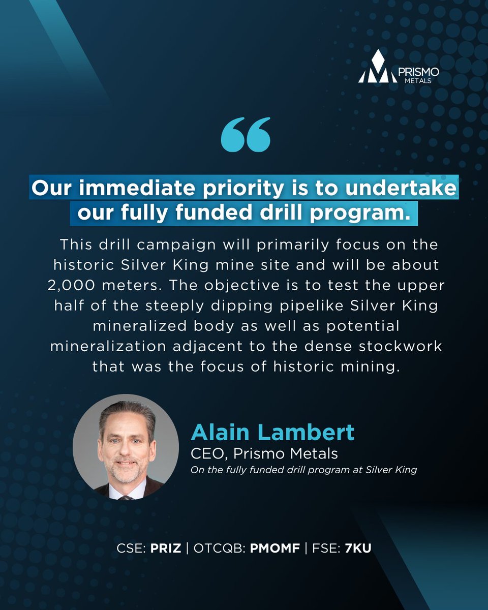 PrismoMetals's tweet photo. Modern exploration meets historic high-grade. βοΈ
We are taking a fully funded 2,000m drill program back to the #SilverKing mine.
β’ Primary Target: The unmined stockwork the old-timers missed.
β’ Upside: High-grade Crown Porphyry & Black Diamond targets confirmed.
$PRIZ https://t.co/uq6SVrF9uN