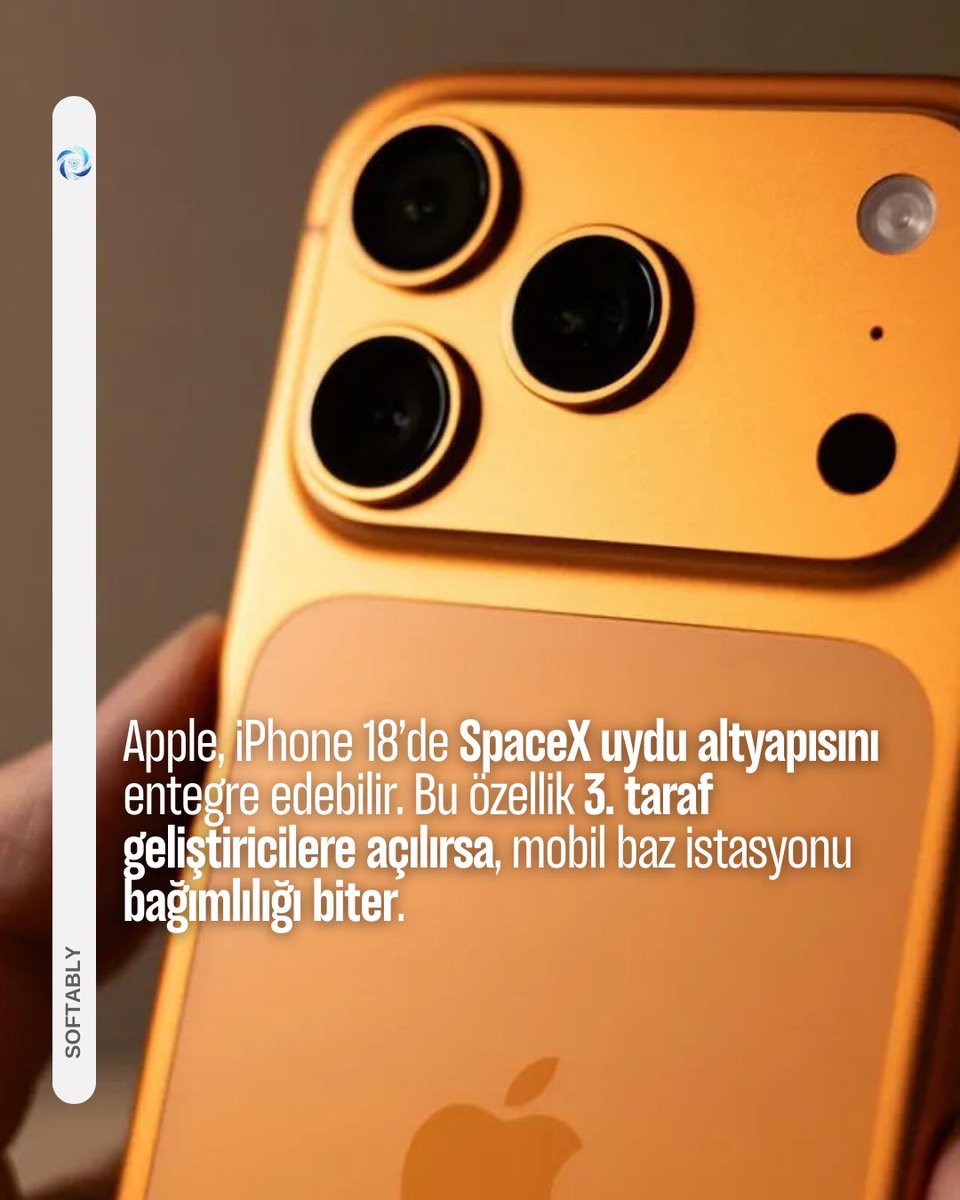 SoftablyTR's tweet photo. Apple’ın iPhone 18 vizyonunda kritik bir kırılma konuşuluyor: SpaceX’in uydu altyapısının iPhone’a entegre edilmesi. Bu, sadece “çekmeyen yerde mesaj atma” değil; mobil bağlantının tanımını değiştirme potansiyeli taşıyor.

Asıl stratejik hamle şu olur: Apple bu uydu bağlantısını 3. taraf uygulama geliştiricilere açarsa, WhatsApp’tan navigasyona, IoT’den acil servislere kadar tüm ekosistem baz istasyonundan bağımsız çalışabilir. Yani kapsama alanı değil, uydu görüşü yeterli olur.