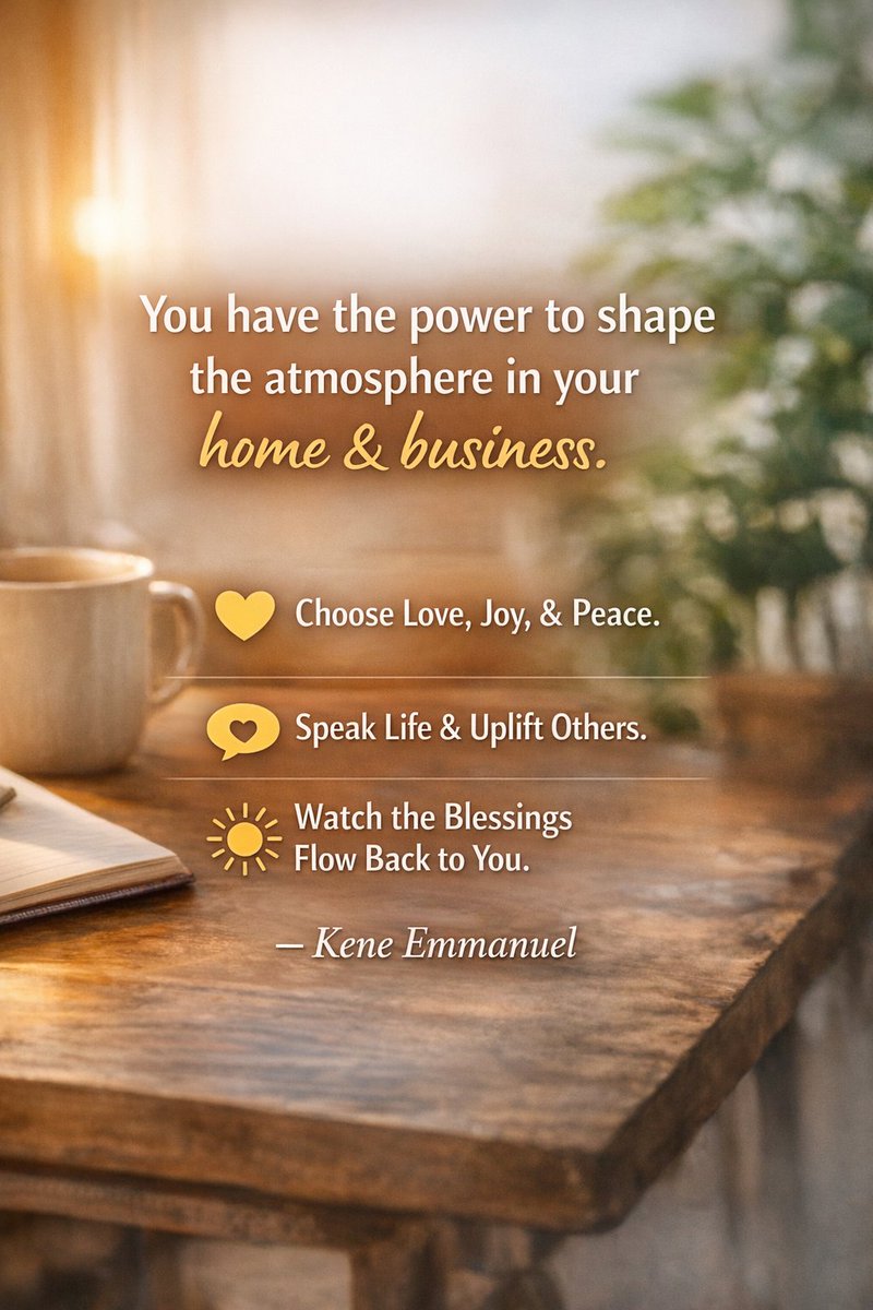 KeneEmma's tweet photo. Today, remember that you have the power to shape the atmosphere in your home and your business. Choose love, joy, and peace. Speak life, use your gifts to uplift others, and watch the blessings flow back to you. https://t.co/TbblkfihjQ
