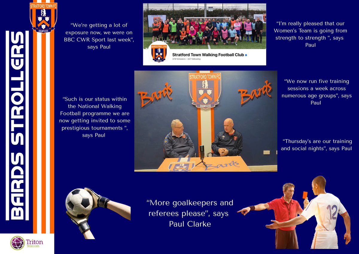 StratfordTownFC's tweet photo. Paul Clarke from The Bards Strollers engages in a conversation with Stuart Morse to discuss the progress of Walking Football at Stratford Town FC. There's no better moment to embark on your Walking Football adventure with The Bards. #Strollers
https://t.co/GerEscuknR https://t.co/vxhx33ZxCf