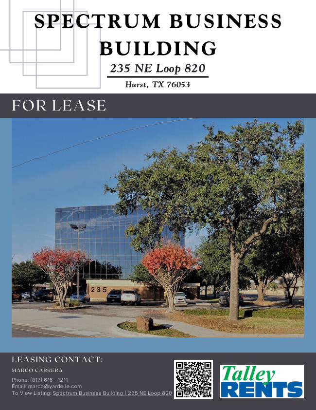 TalleyRents's tweet photo. 📷OFFICE SUITES FOR LEASE📷
Competitive pricing w/ Limited Space &amp; Move-In Ready!
Spectrum Business Building Located at 235 NE Loop 820, Hurst, TX. 76053.
https://t.co/AErQAYR5l9
Commercial Leasing - Call Marco Carrera @ 817-616-1211 or marco@yardelle.com for Immediate Showings https://t.co/jZZShj4WxH